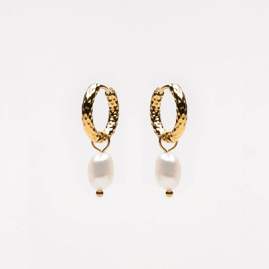 Hammered Pearl Hoop Earrings